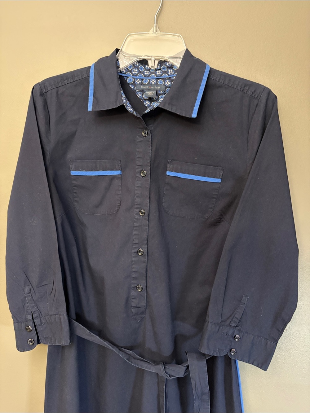 Tommy Hilfiger Women’s Navy Midi Shirt Dress with Bright Blue Trim - Size M - Picture 3 of 11
